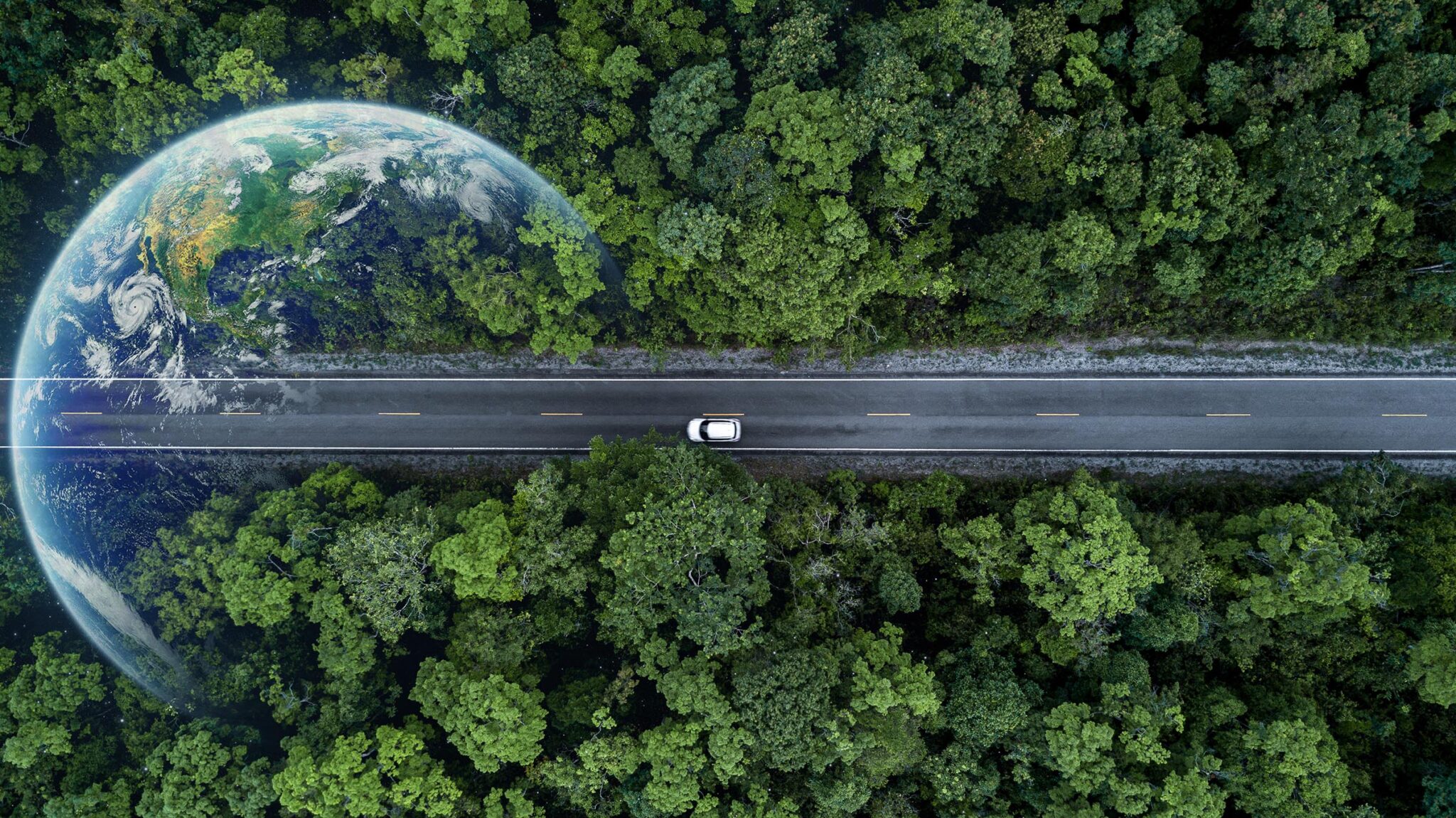 Eco Car On Forest Road With Earth Planet Going Through Forest Wi